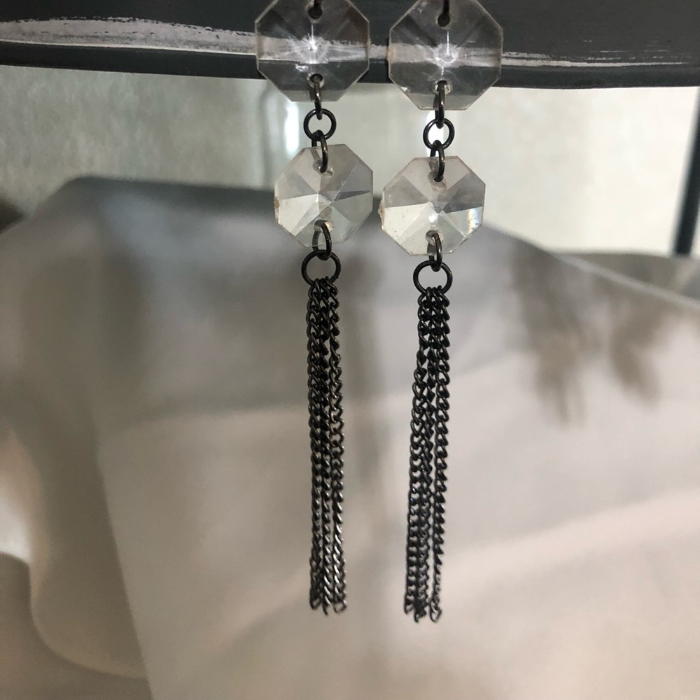 Statement Long Dangle White Beaded & Chain Earrin… - image 2